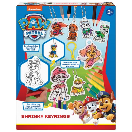 Colorful Paw Patrol Shrinky Keyrings Craft Set featuring cartoon characters, colored pencils, and a keyring, designed for ages 3 and up, with instructions for creating custom keyrings.