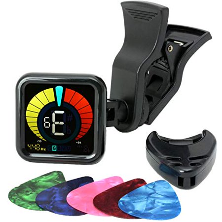 Black clip-on tuner with a colorful LCD display showing tuning information, accompanied by six assorted guitar picks in various colors.