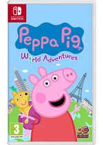 Peppa Pig: World Adventures for Nintendo Switch features a colorful cover with Peppa Pig smiling, a snail, and iconic landmarks like the Eiffel Tower in a vibrant blue background.