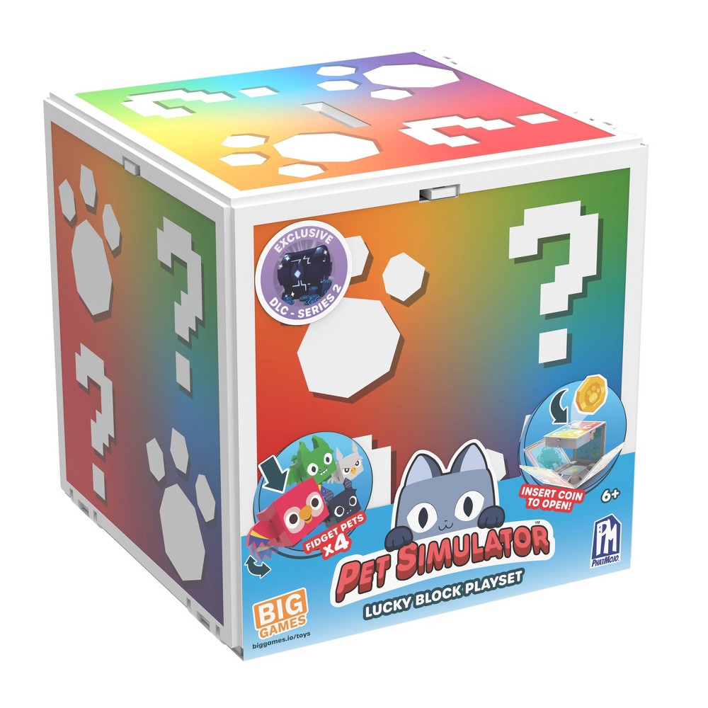 Colorful cube-shaped playset featuring a gradient design with paw prints and question marks, labeled "Pet Simulator," includes collectible pets and a coin slot for interactive play.