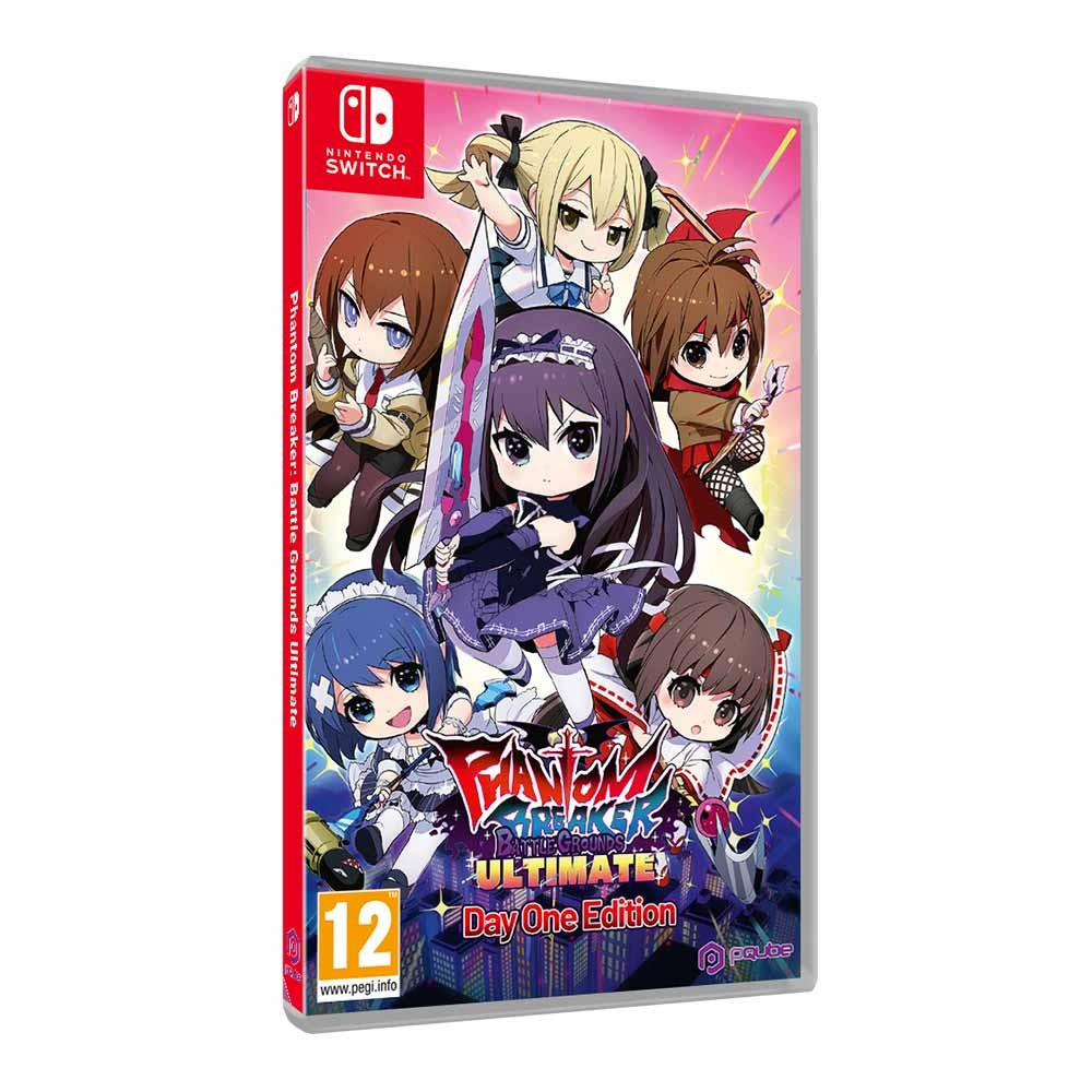 Phantom Breaker: Battle Grounds Ultimate Day 1 Edition for Switch features colorful anime-style characters on the cover, showcasing vibrant artwork and a striking logo against a dynamic background.