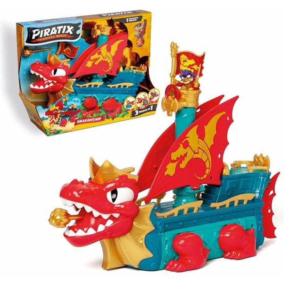 Colorful toy ship featuring a dragon design with red wings, a fierce dragon head, and a gold crown, set against a blue hull, packaged in a vibrant box.