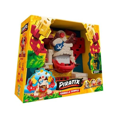 Colorful Piratix Gorilla Temple playset featuring a large gorilla head with pirate accessories, multiple hideouts, and includes four coins, set against a jungle backdrop.
