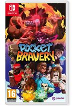 Colorful game cover featuring "Pocket Bravery" title, showcasing diverse characters in action poses against a dynamic background with bold red and orange hues.
