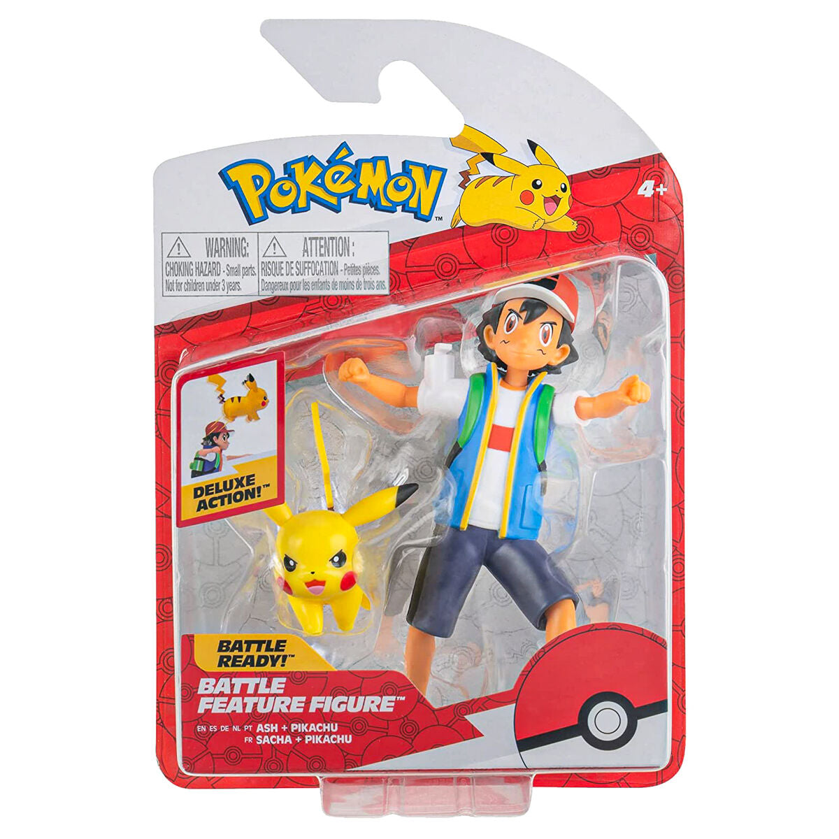Ash Ketchum collectible figure set featuring a colorful Ash in a blue and green outfit, holding a Poké Ball, alongside a small, yellow Pikachu figure, packaged in a vibrant box.