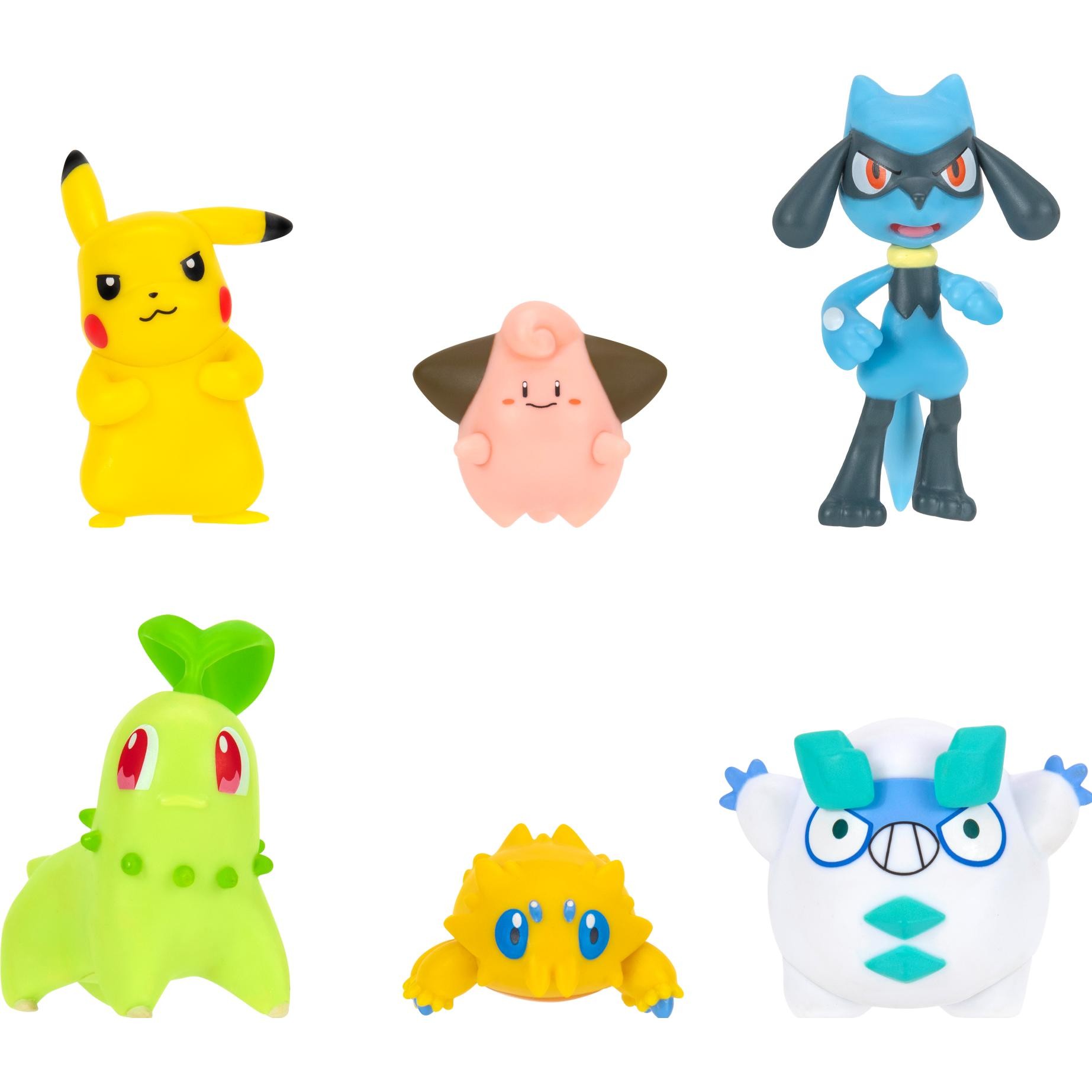 Six colorful Pokémon figures: a yellow Pikachu, a pink Cleffa, a blue Riolu, a green Chikorita, a yellow Sandshrew, and a white Vanillite, all made of durable plastic.