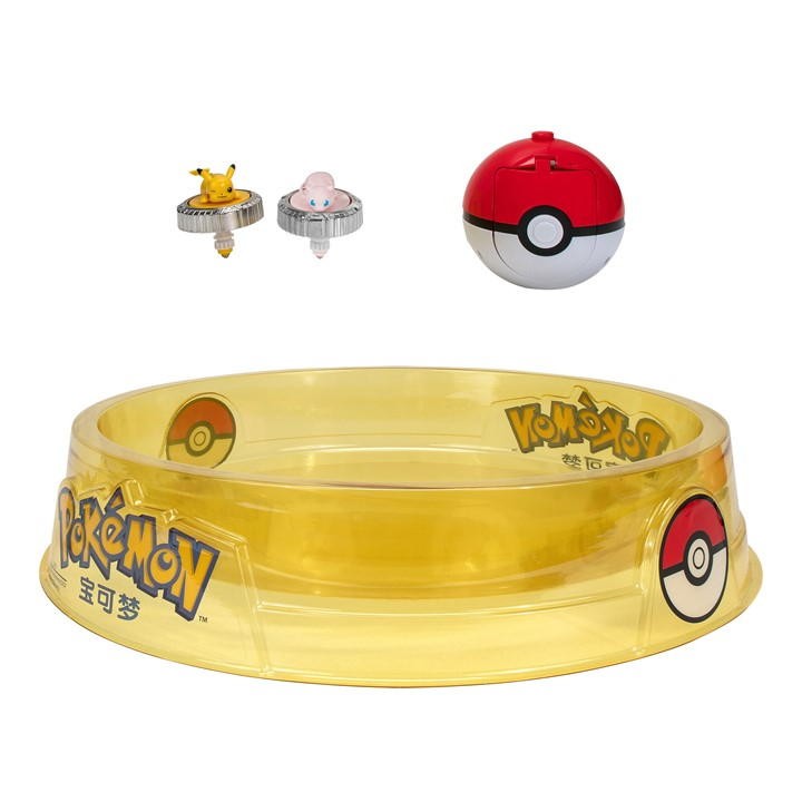 Yellow plastic arena with "Pokemon" logo, featuring two spinning tops (Pikachu and Mew) and a red Poké Ball, designed for interactive play.