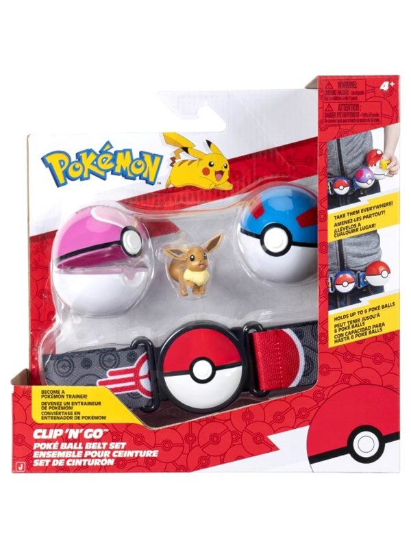 Pokemon Clip ‘N’ Go Belt Set featuring a red and white Pokeball, a blue Pokeball, and a 5cm Eevee figure, all packaged in colorful, branded box with Pikachu graphics.