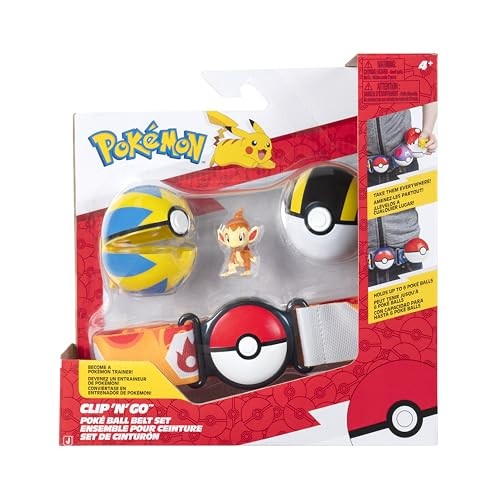 Pokémon Clip ‘N’ Go Belt set featuring a grey belt, two Poké Balls, and a 5cm Chimchar figure in vibrant orange and yellow, all packaged in colorful branded box.