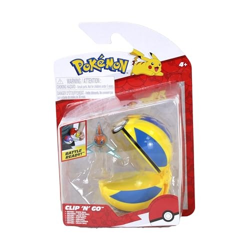 A yellow and blue Quick Ball toy with a Rotom figure inside, packaged in a clear plastic blister with Pokémon branding and a Pikachu graphic on top.