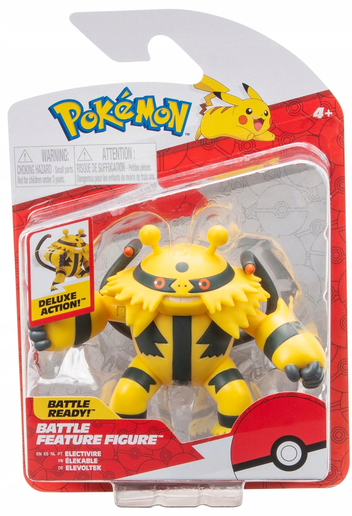 Electivire action figure features vibrant yellow and black colors, with detailed fur texture, large eyes, and movable limbs, packaged in a clear plastic blister with Pokémon branding.