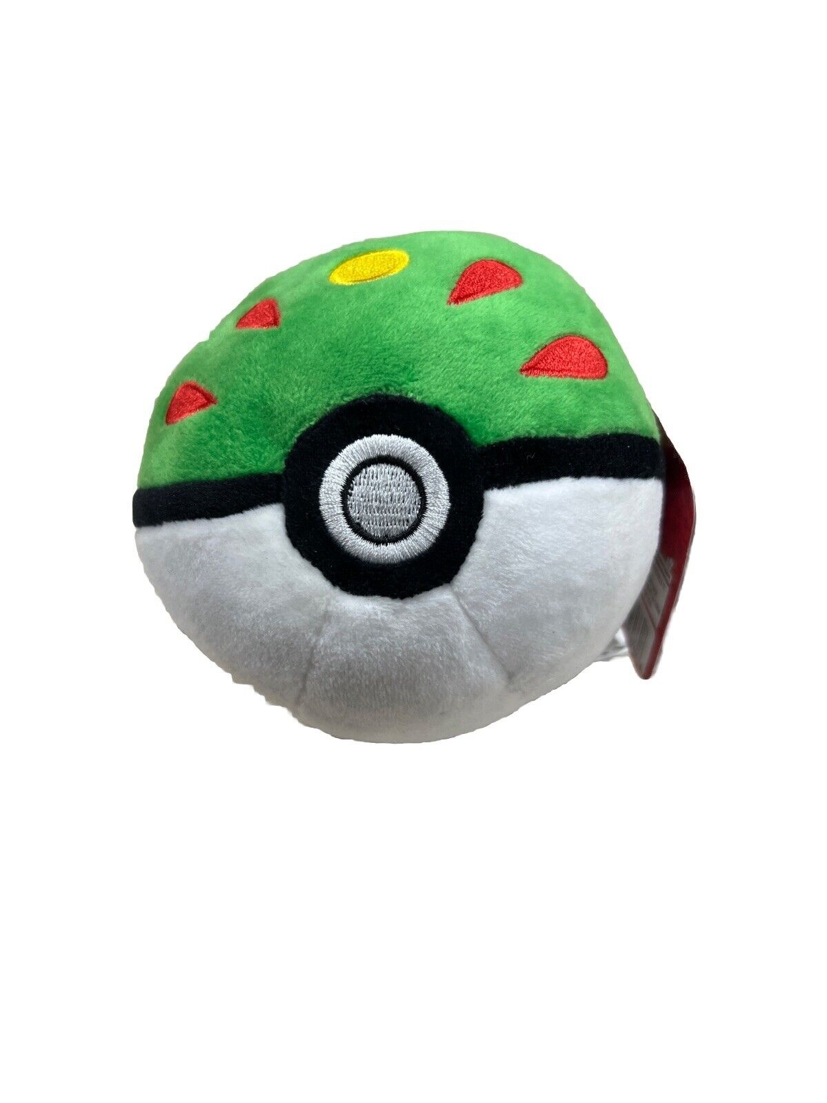 Round, soft toy resembling a Pokémon Friend Ball, featuring a vibrant green top with red accents, a black band, and a white bottom, made of plush material.