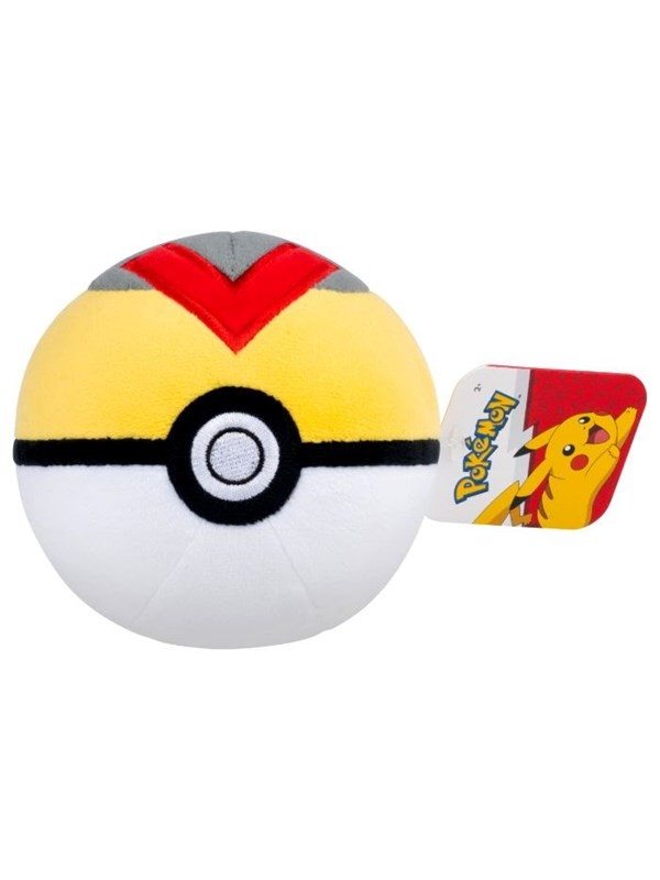 Round, plush Level Ball toy in yellow and white with a black outline, featuring a red and gray top, and a tag showing Pikachu.