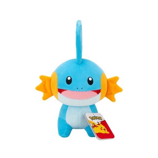 Blue and orange Mudkip soft toy, 20cm tall, featuring a smiling face, large fins, and a tail, with a Pokémon tag attached.