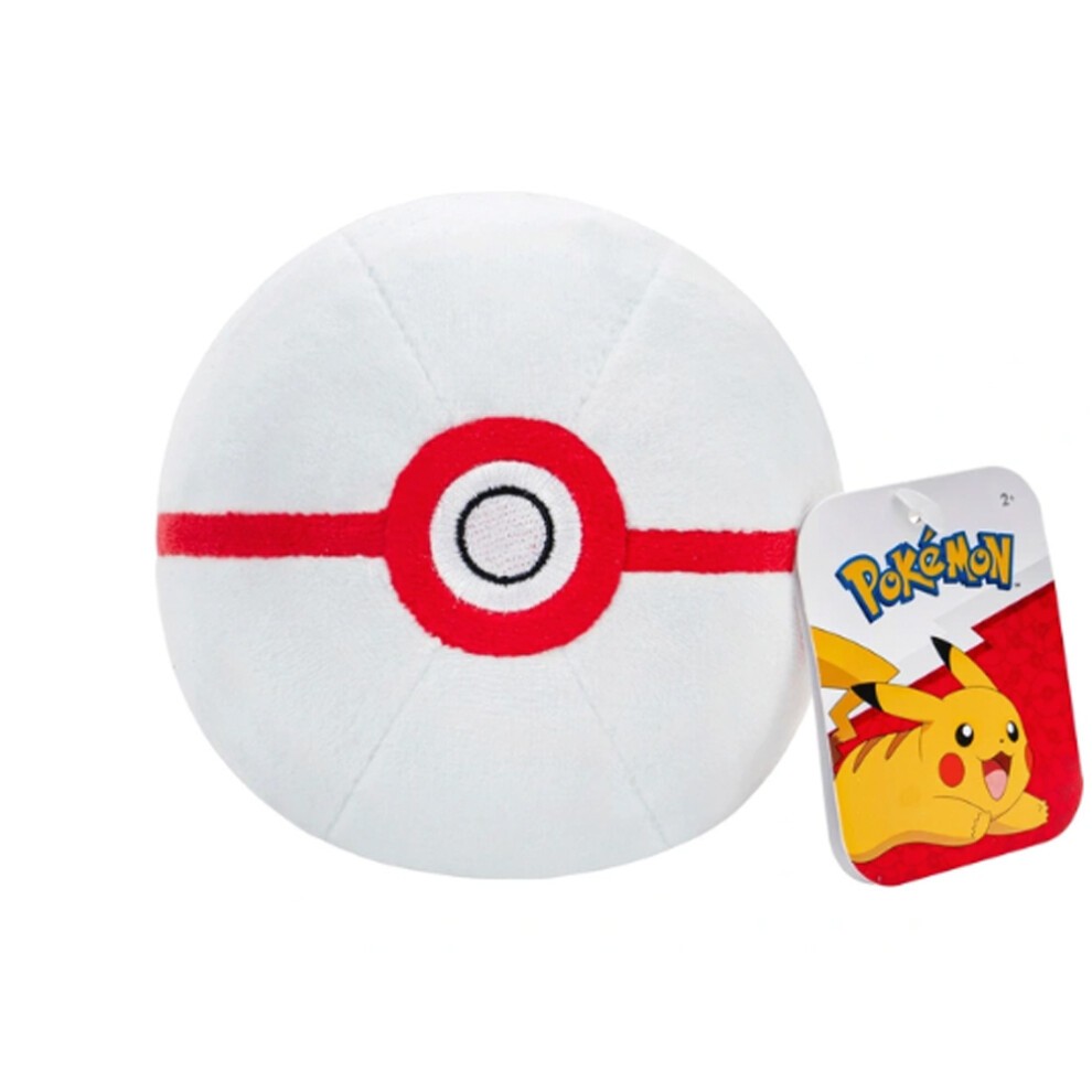 Round, soft plush toy resembling a Premier Ball, primarily white with a red band and black circle, accompanied by a Pikachu-themed tag.
