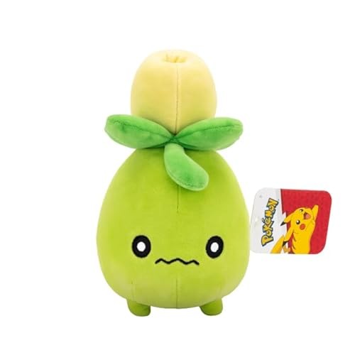 Green plush toy resembling a small olive with a yellow top, featuring a sad facial expression and leafy accents, approximately 20cm tall, with a Pokémon tag attached.