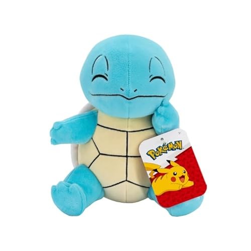 Soft, plush Squirtle toy, 20cm tall, featuring a light blue body, smiling face, and detailed shell pattern, with a colorful Pokémon tag attached.
