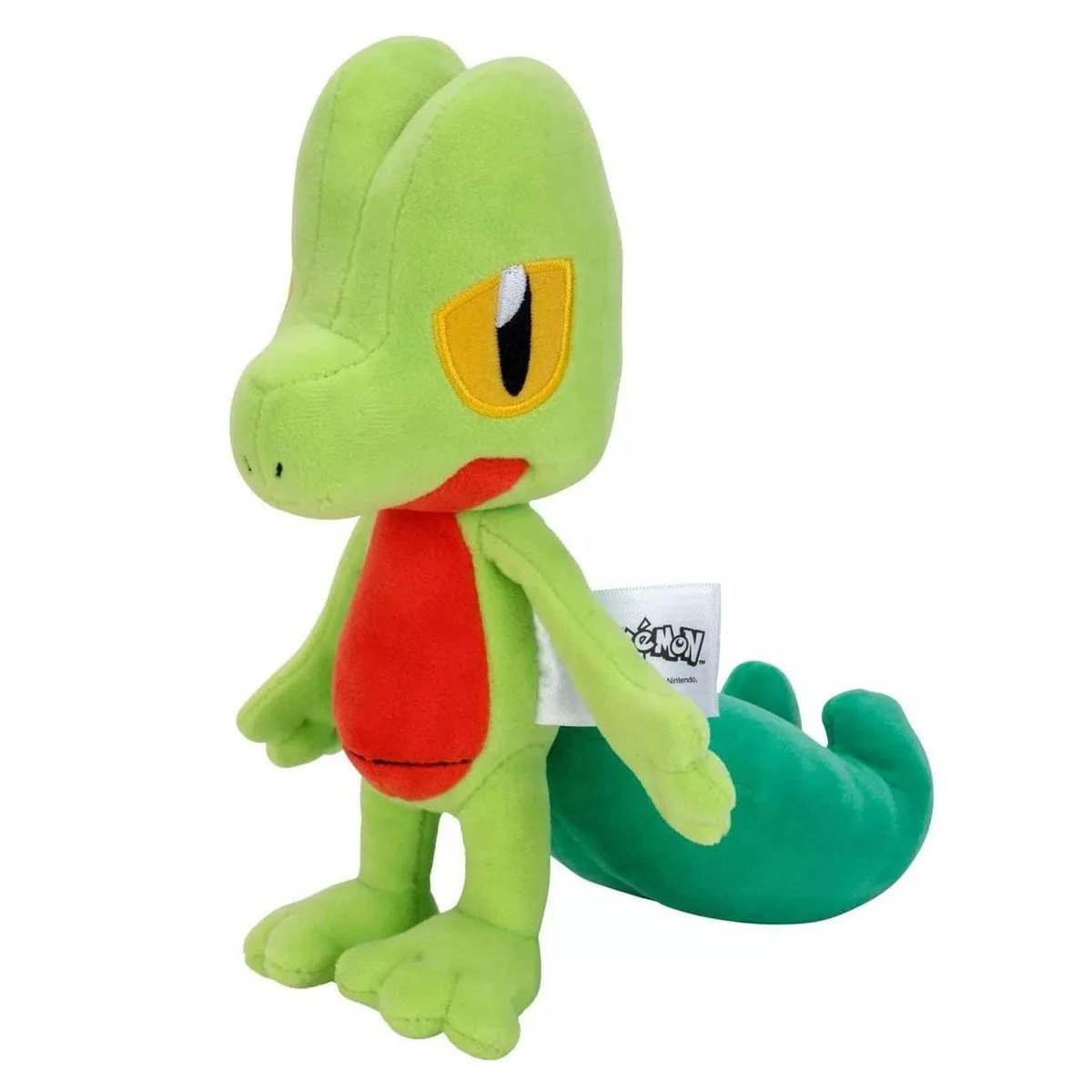 Green Treecko soft toy with yellow eyes, red belly, and a long green tail, made of plush material, standing upright with a Pokémon tag.