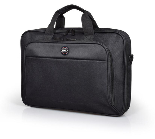 Black messenger case with a durable fabric exterior, featuring a front zip pocket, dual top handles, and a logo patch, designed for 14" notebooks.