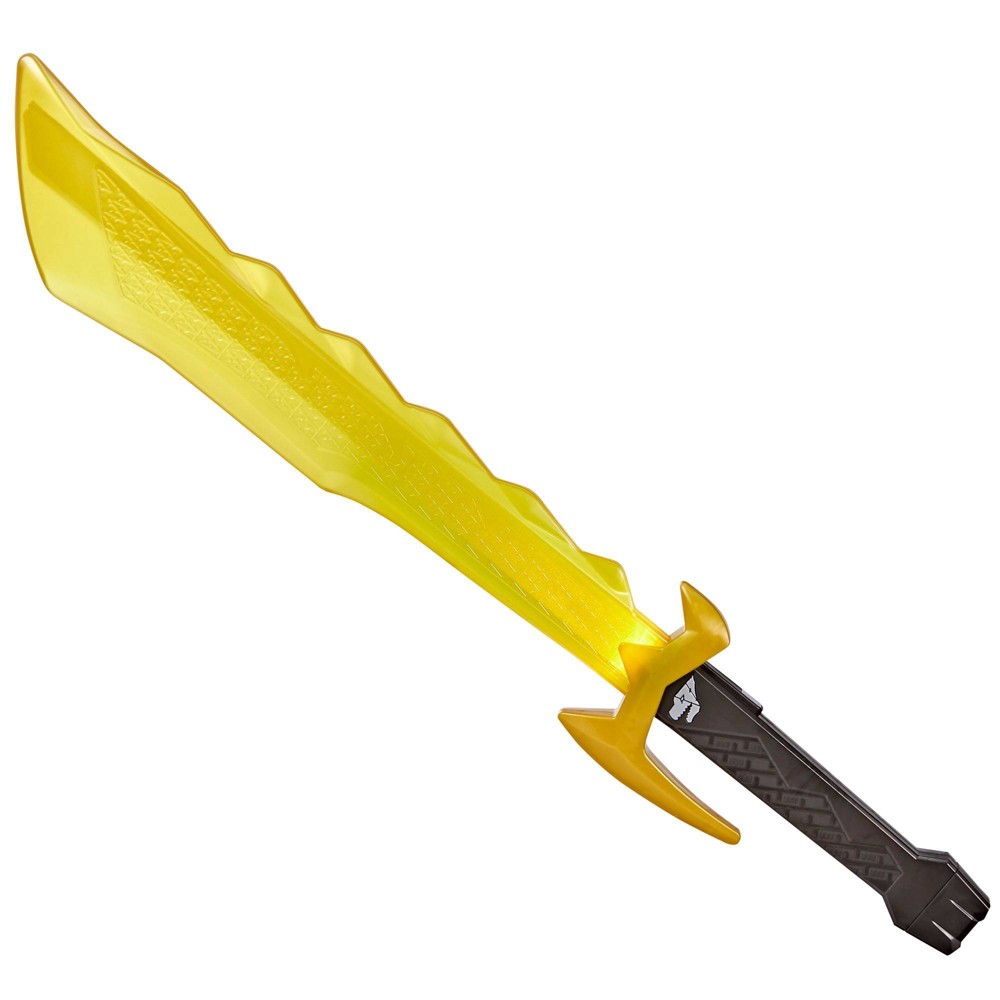 A bright yellow, jagged-edged sword with a black handle featuring textured grip and Power Rangers logo, designed for imaginative play.