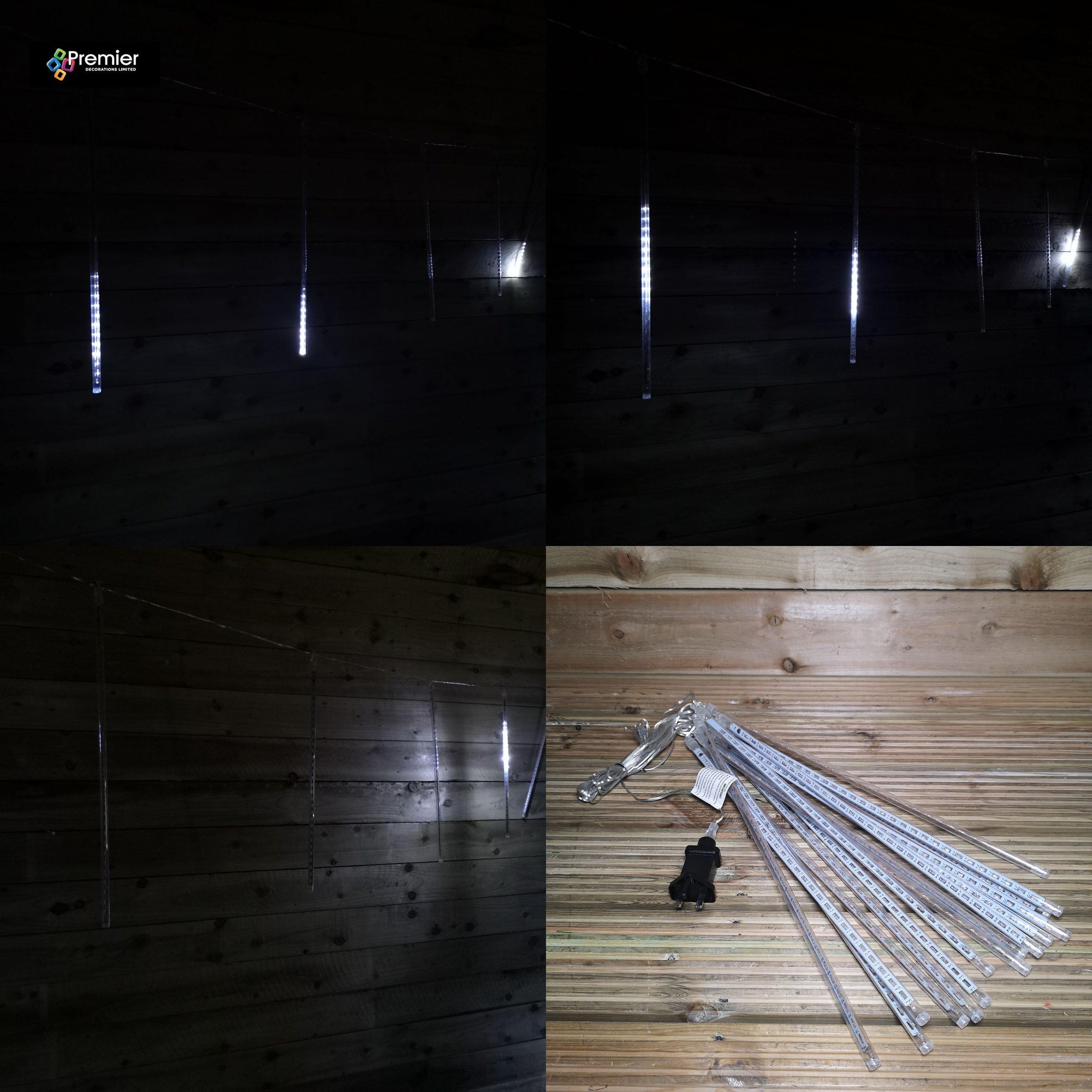 Cool white LED icicle lights with 15 transparent tubes, each 50cm long, creating a snowing effect, displayed against a dark wooden background.