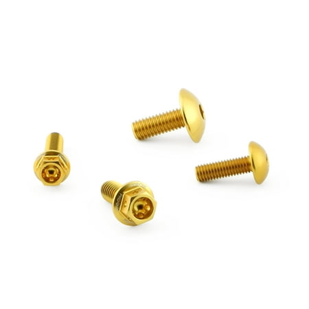 Gold anodized aluminum brake reservoir mount bolt kit featuring four bolts with hexagonal heads and a polished finish, designed for front and rear applications.