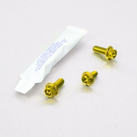 Pro-Bolt Aluminium Front Brake Line Clip Mount Bolt Kit in gold, featuring three gold screws and a small packet, all designed for durable performance and aesthetic appeal.