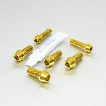 Gold stainless steel brake caliper mounting bolts with a shiny finish, featuring hexagonal heads, arranged with a small packet of thread-locking adhesive.