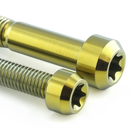 Gold titanium front brake caliper mounting bolts with a smooth finish and star-shaped drive, showcasing durability and lightweight design.