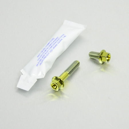 Pro-Bolt Titanium rear brake disc and caliper guard mount bolt kit featuring two gold titanium bolts and a small packet of thread lock adhesive.