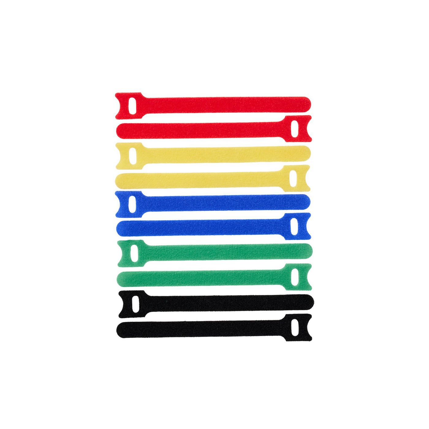 Colorful ProXtend Hook and Loop straps in red, yellow, green, blue, and black, each 15cm long and 12mm wide, featuring a looped end for secure fastening.