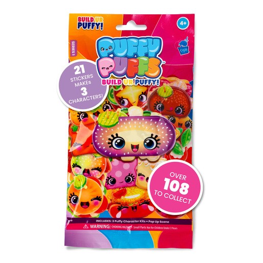 Colorful packaging featuring the "Puffy Puffs" logo, showcasing a variety of cute, cartoonish food characters with vibrant colors and playful designs, along with a sticker count and collection info.
