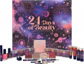 Colorful Q-KI 24 Days of Beauty Advent Calendar featuring a cosmic design with stars and planets, containing 24 beauty products including lipsticks, eyeshadows, and brushes.
