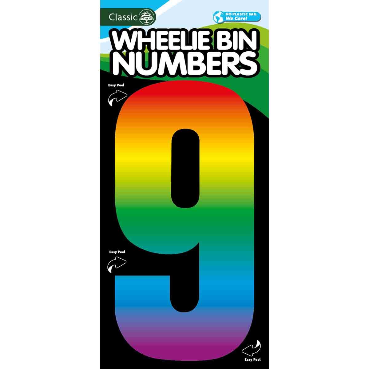 Colorful rainbow number 9 sticker for wheelie bins, featuring a glossy finish, easy-peel backing, and bold, large font for visibility.