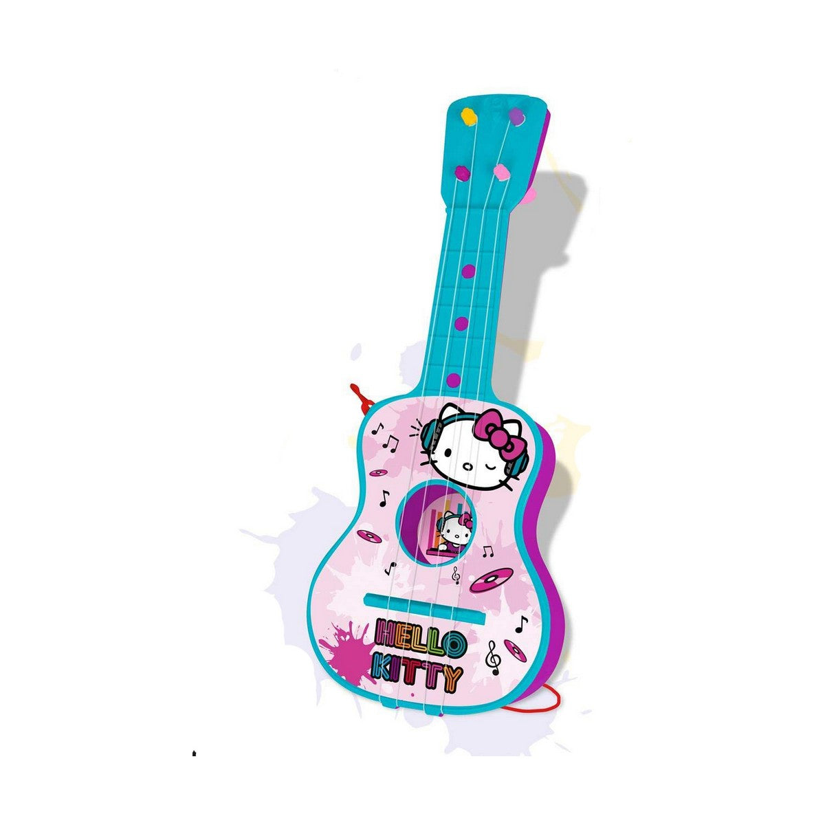 Pink and teal guitar featuring Hello Kitty graphics, with musical notes and a playful design, made from lightweight material, ideal for young fans.