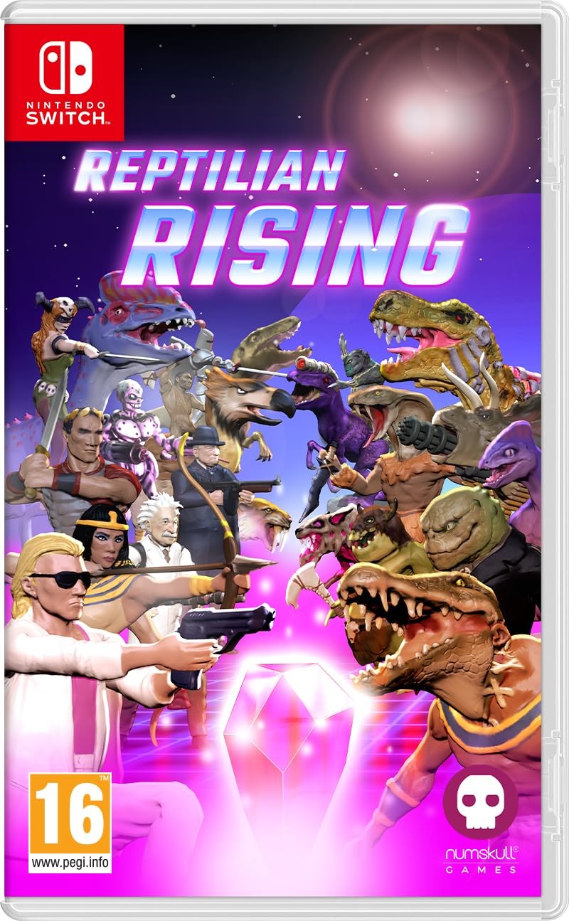 Colorful game cover featuring various reptilian characters, futuristic warriors, and a glowing crystal, with "Reptilian Rising" prominently displayed in bold purple text.