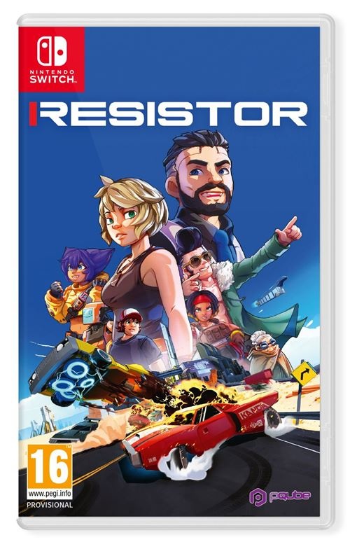 Colorful video game cover featuring dynamic characters, including a woman and a man, with a red car and explosions, set against a blue background with the title "RESISTOR" prominently displayed.