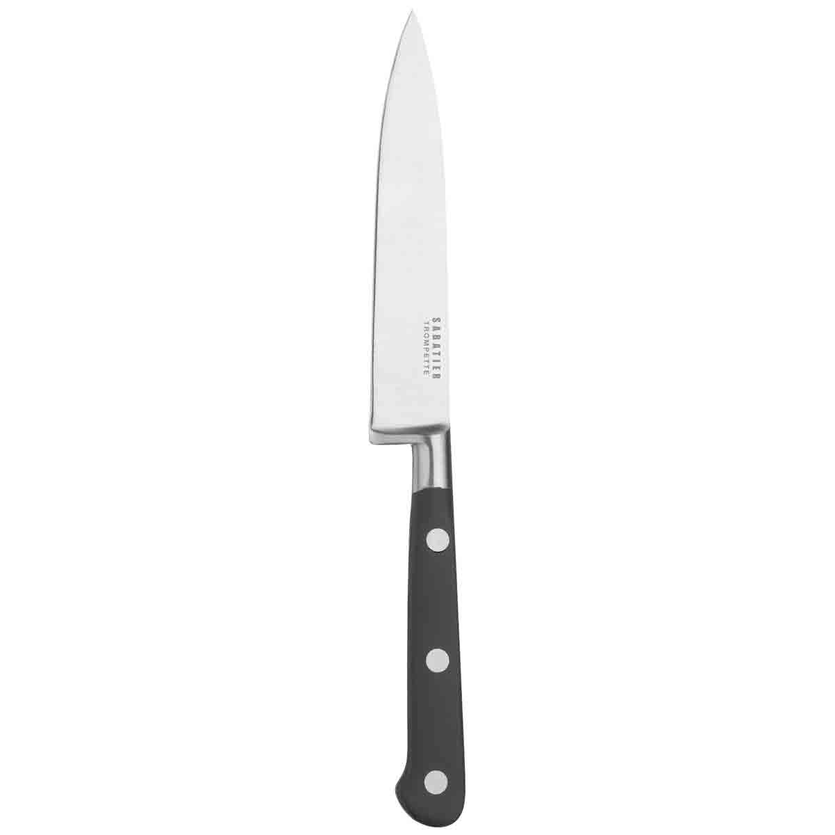 Sabatier Trompette all-purpose knife with a sleek stainless steel blade and a black ergonomic handle featuring three rivets for a secure grip.
