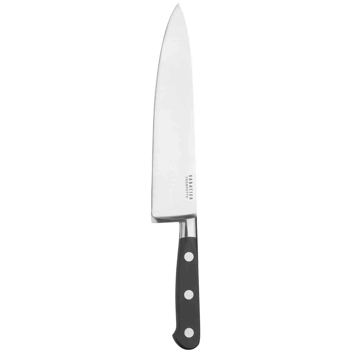 20cm stainless steel cook's knife with a sleek, tapered blade and a black, ergonomic handle featuring three rivets for a secure grip.