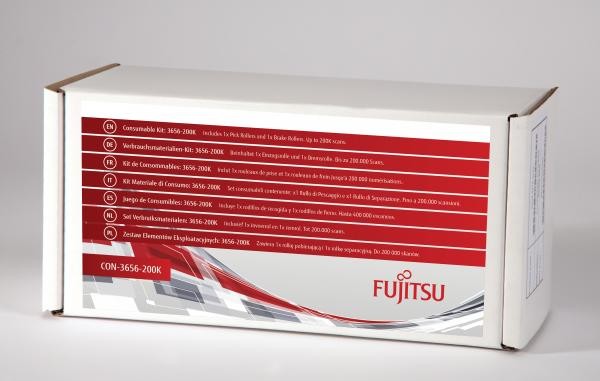White cardboard box with red and gray design, labeled "Ricoh 3656-200K Consumable Kit," featuring product details and specifications printed on the side.