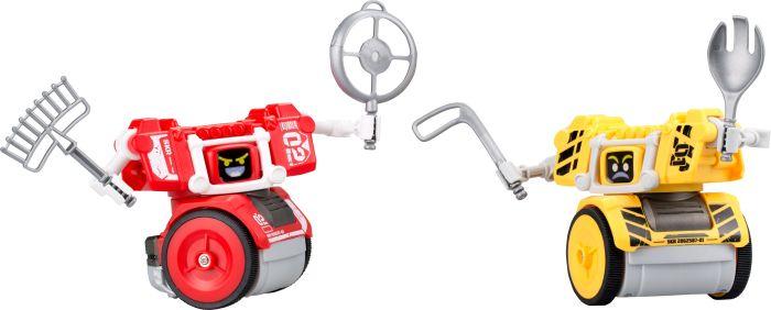 Two battling robots in red and yellow, featuring playful designs with wheels, unique tools like a rake and a fork, and expressive faces, ideal for interactive combat play.