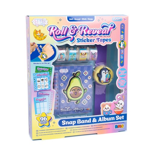 Colorful craft set featuring a snap band, sticker tapes, and an album, with 96 stickers including cute characters like an avocado and a penguin, all in a vibrant, playful packaging.