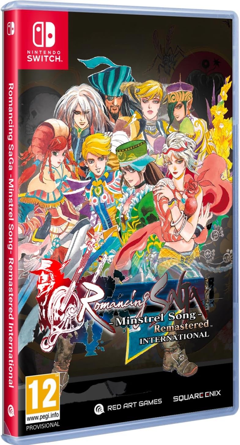 Colorful game cover featuring characters from "Romancing SaGa Minstrel Song Remastered International," with vibrant artwork and a prominent logo, designed for the Nintendo Switch.