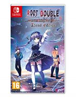 Cover art for "Root Double - Before Crime" featuring a girl in a black dress, a man in a suit, and a blue-haired character, with a colorful, abstract background and the game's title prominently displayed.