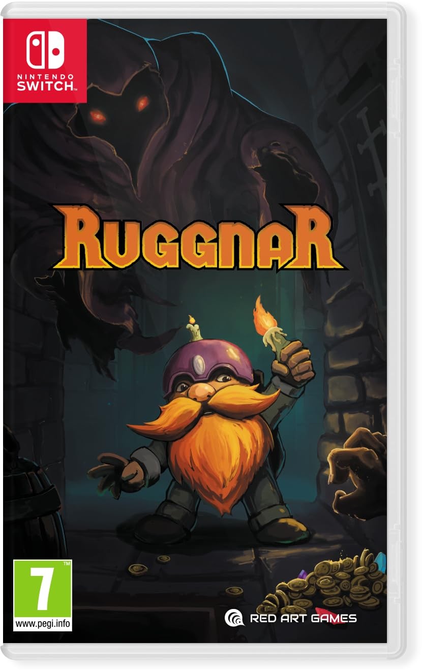 The cover features a gnome with a purple helmet and orange beard holding a torch, surrounded by gold coins, with a shadowy figure in the background, and the title "Ruggnar" prominently displayed.