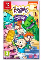 Colorful video game cover featuring Rugrats characters in a playful adventure scene, with vibrant illustrations and a gold coin, designed for Nintendo Switch.