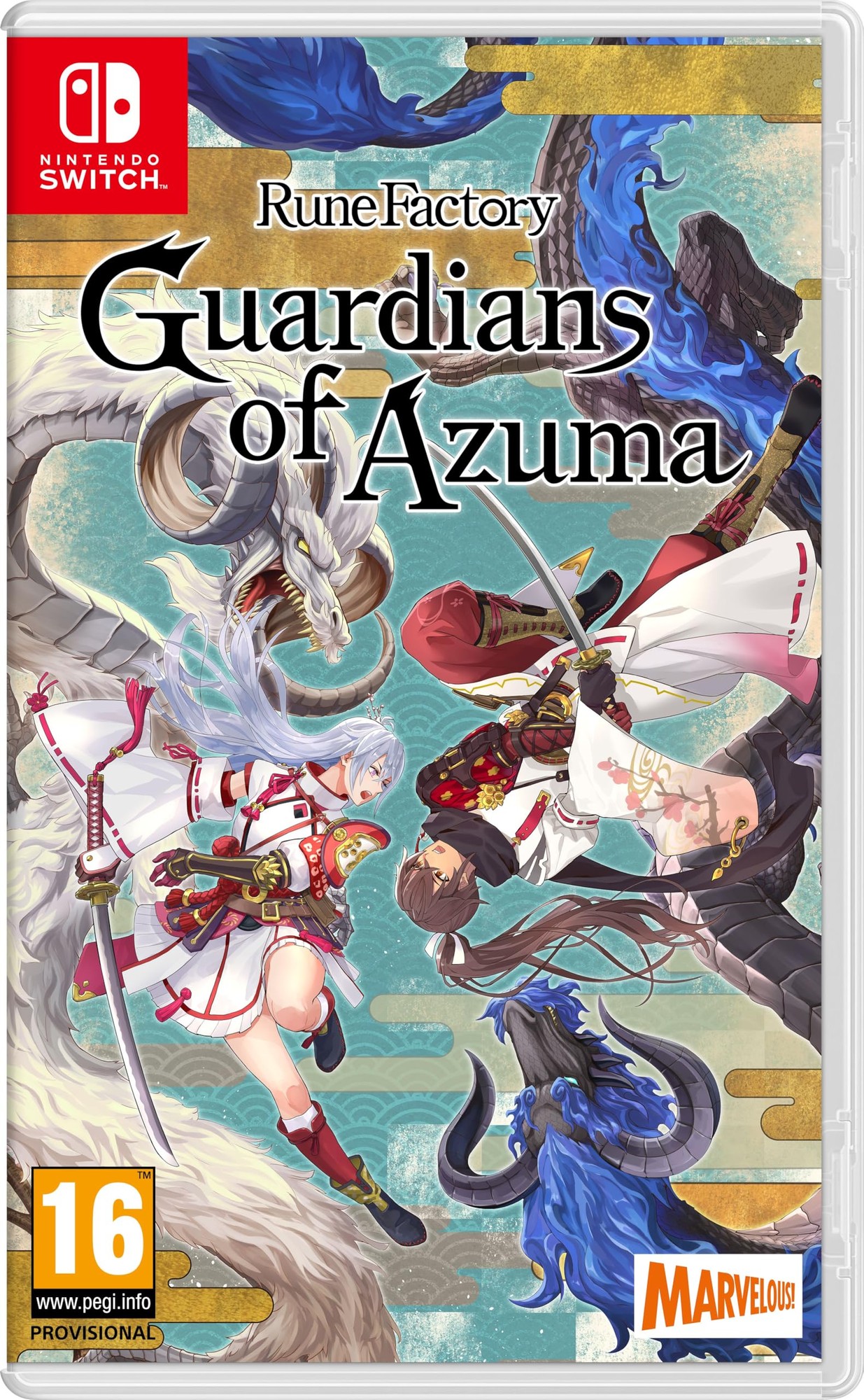 Colorful game cover featuring characters in traditional attire, surrounded by dragons and waves, with the title "Rune Factory: Guardians of Azuma" prominently displayed.