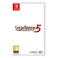 Cover of "Samurai Warriors 5" for Nintendo Switch, featuring a bold red and white design with stylized text and a rating of 16+, presented in a standard game case format.