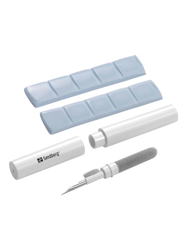 Sandberg Cleaning Pen Kit for AirPods includes a white pen with a gray cleaning tip, a removable cap, and two soft silicone cleaning pads in light blue.