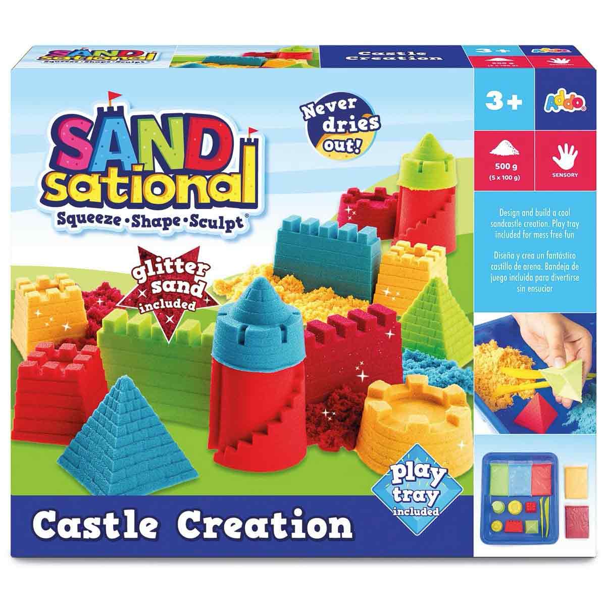 Colorful castle creation craft set featuring vibrant molds in red, blue, and green, with glitter sand and a play tray for sensory fun. Suitable for ages 3 and up.